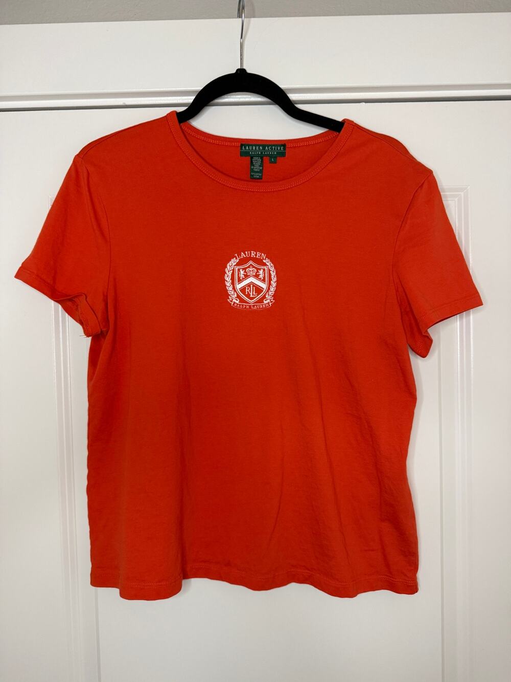 RALPH LAUREN Active 90s Womens Sz L Cotton Tee Orange Embroidered Crest Logo